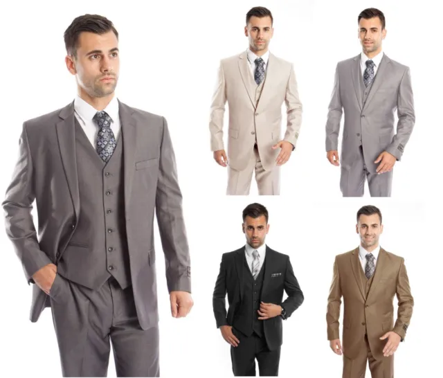 Men's Three Piece Vested Suit Modern Fit Two Button Formal Solid Dress Suits Set