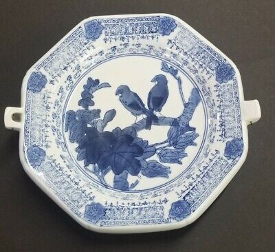 Vintage Chinese Export Ware Blue Birds on Branch Warming Dish / Plate & Hanger