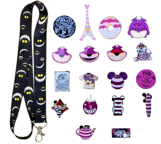 Cheshire Cat Themed Starter Lanyard Set w/ 5 Disney Park Trading Pins ~Brand NEW
