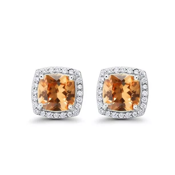 10k White Gold 4 Ct Created Halo Princess Cut Created Citrine CZ Stud Earrings