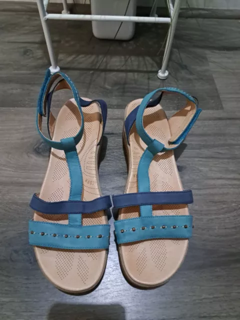 Acorn Women's VISTA Wedge T-Strap Blue Suede Sandals size 11