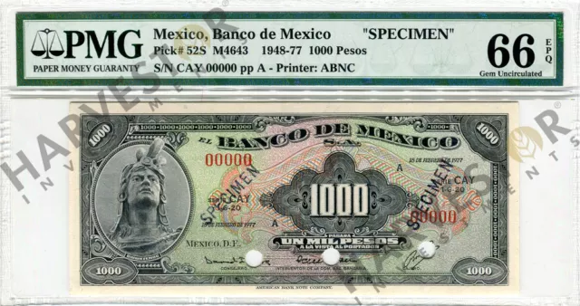 1948-1977 Mexico 1000 Pesos Specimen Banknote - Certified Pmg 66 Epq Superb Gem