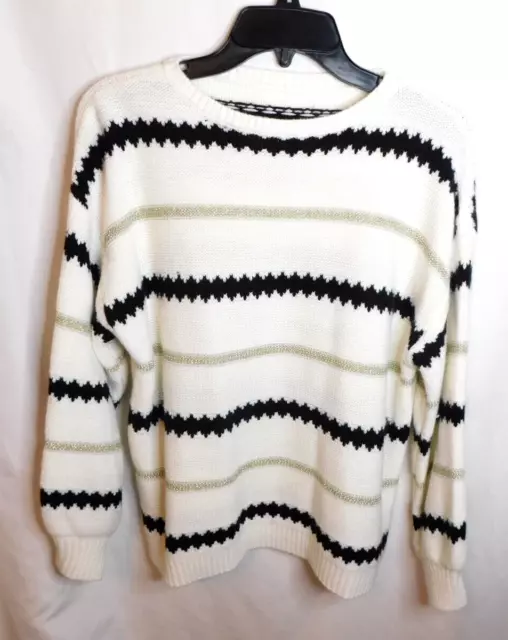 Women's Cream and Black Stripe Knit Soft Sweater Pullover Size M