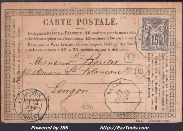 France N°77 Sur Cp Avec Convoyeur Station Bazas + Cad Langon Du 13/05/1877