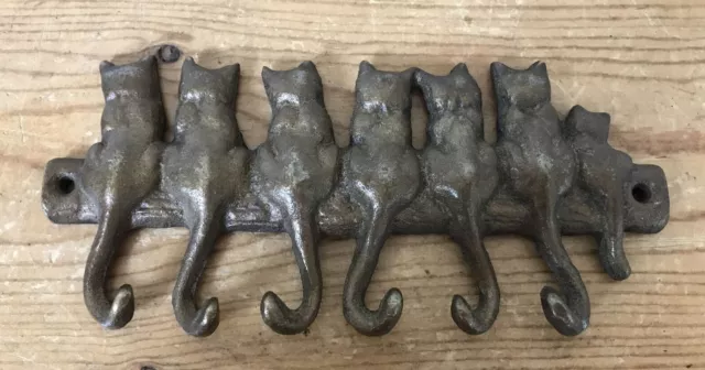Vtg Antique Style Cast Brass Bronze Metal Cat Wall Decor Hanging 6 Key Hooks 6"