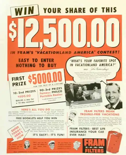 1953 Fram Oil Filters PRINT AD Vacationland America Contest John Cameron Swayze
