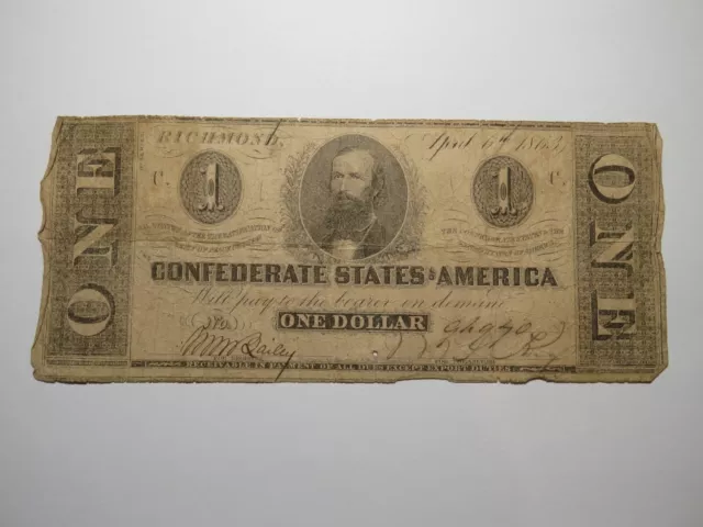 $1 1863 Richmond Virginia VA Confederate Currency Bank Note Bill RARE T62 VG