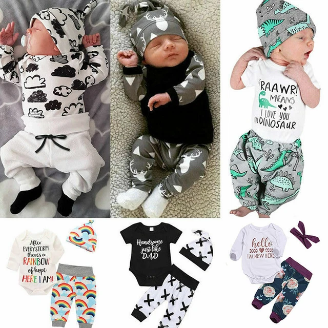 3PCS Newborn Baby Boy Girl Tops Romper Bodysuit Jumpsuit Pants Outfits Clothes