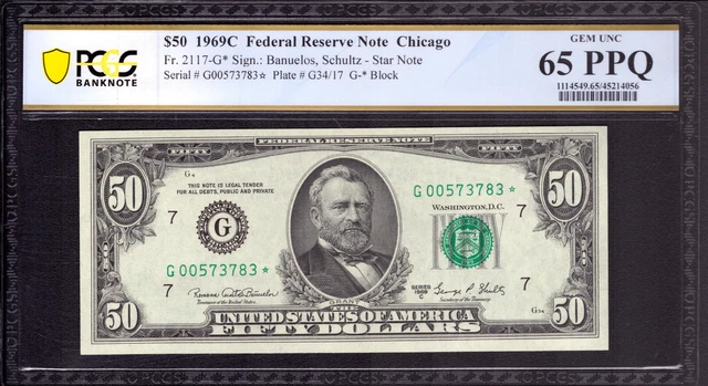 1969 C $50 Federal Reserve Star Note Fr.2117-G* Pcgs B Gem Unc 65 Ppq Top Pop