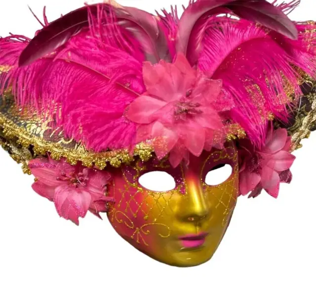 DELUXE Masquerade Mask Hat & PINK Feather GOLD FACE Costume Halloween Mardi Gras