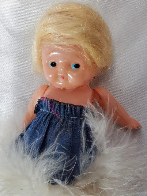 Vintage 5"  Doll Plastic Celluloid Hong Kong wig and feather dress sticker