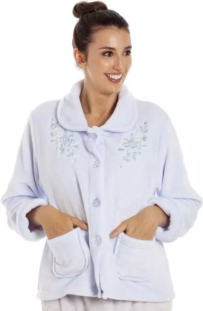 Camille Womens Blue Super Soft Button Up Bed Jacket with Front Pockets