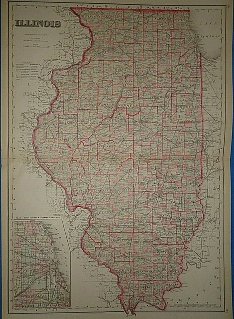 *Vintage 1883 ILLINOIS Map Old Antique Original OW GRAY Atlas