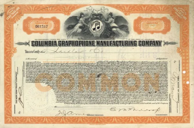 Columbia Graphophone Manufacturing Co. - Stock Certificate - Entertainment Stock