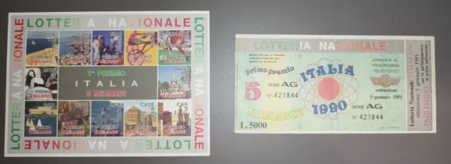 Biglietto Lotteria Nazionale Italia 1990 con annessa cartolina