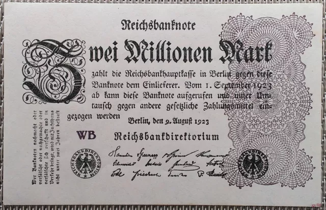 2 Millionen Mark Reichsbanknote 1923, Serie: VL Geldschein Deutschland, XF- AU °