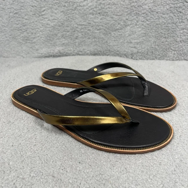 Ugg Metallic Gold Black Leather Flip Flop Thong Sandals Womens Size 9 F30013J