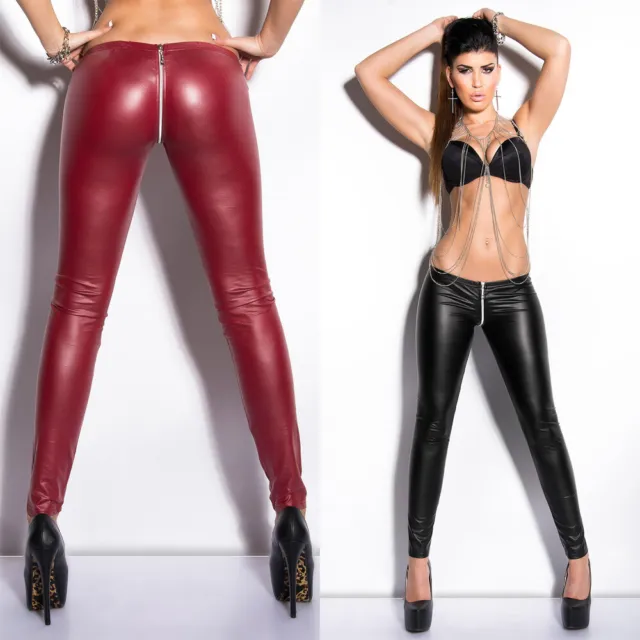 Leather Look Leggings Full Crotch Zip KouCla - Red Black