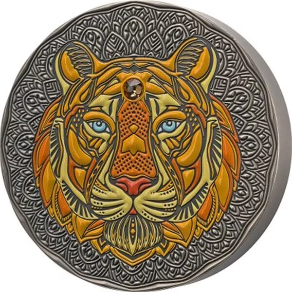 Tiger Mandala Art 1 kilo Antique finish Silver Coin Republic of Ghana 2022