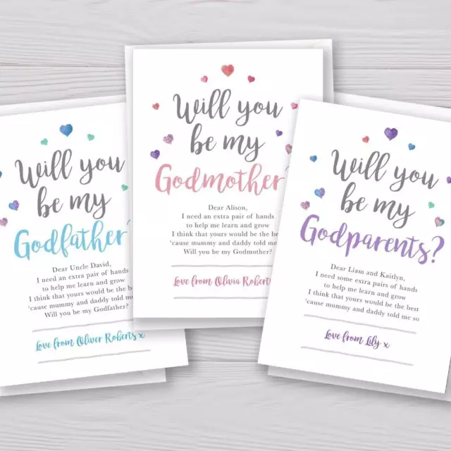 Personalised will you be my Godmother, Godfather, Godparents cards Guideparent