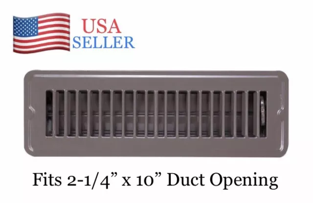 Brown Steel Floor Register Vent Diffuser w/ Damper, Fits 2-1/4"x10" Duct Opening