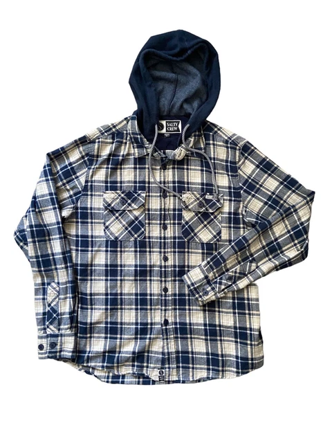 Salty Crew Stern Flannel Shirt Sz Medium Blue Gray Plaid Button-Up Hooded Shaket