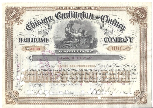 Vintage Chicago, Burlington & Quincy Railroad Company 100 Shares 1897