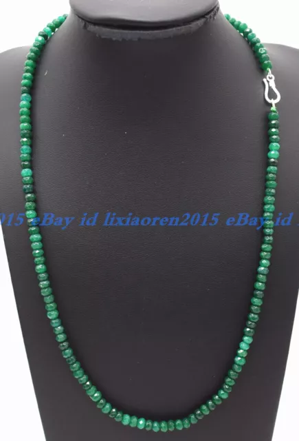 Faceted 2x4mm Natural Green Jade Roundel Gemstone Beads Necklace Silver Clasp