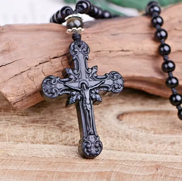 Obsidian Cross Pendant Necklace for men Lucky Jewelry Gift