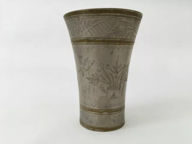 Vintage Old Brass Handcrafted Floral Engraved Indian Milk / Lassi Glass Rare