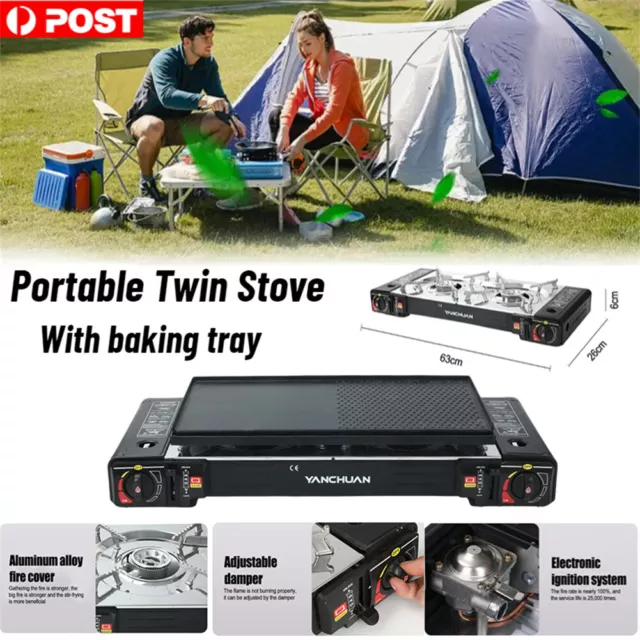 Outdoor Twin Stove Camping Hiking 2 Burner Gas Grill BBQ Cooker + Plate Portable