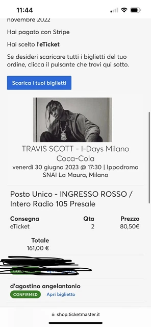 Biglietto Travis Scott Milano Ippodromo SNAI 30 Giugno 2023 Ingresso Rosso