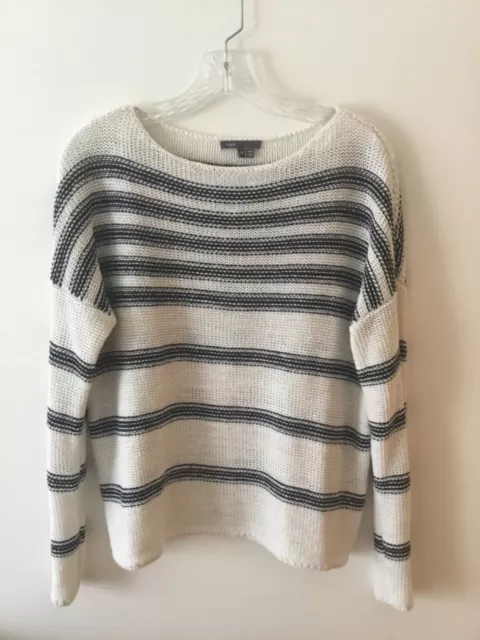 Vince Linen Striped Sweater Pullover boat Neck Loose White Blue Sz M Top