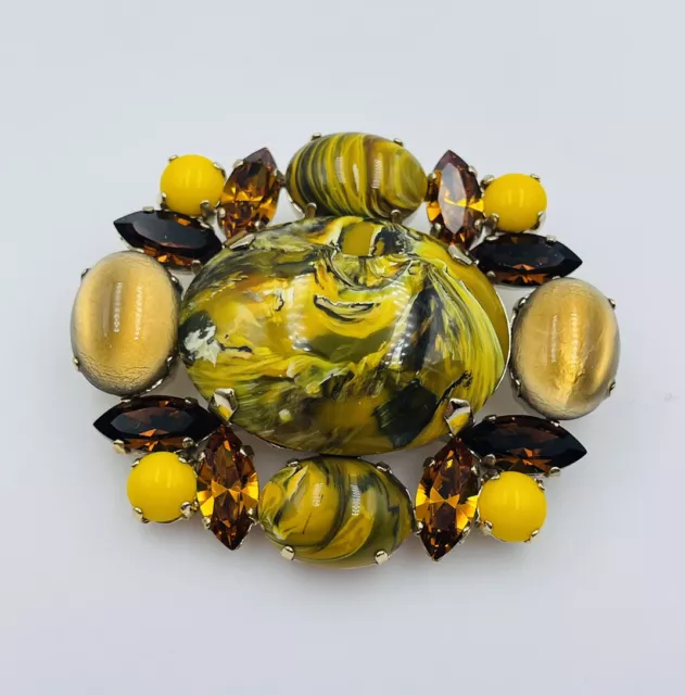 Philippe Ferrandis Paris Vintage Plaqué Or Marbré Jaune Verre Broche