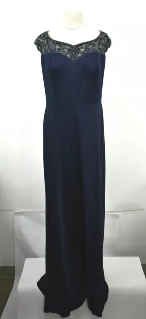 La Femme Womens Navy Blue  Beaded Cap Sleeves Sweetheart Neck Long Gown 12