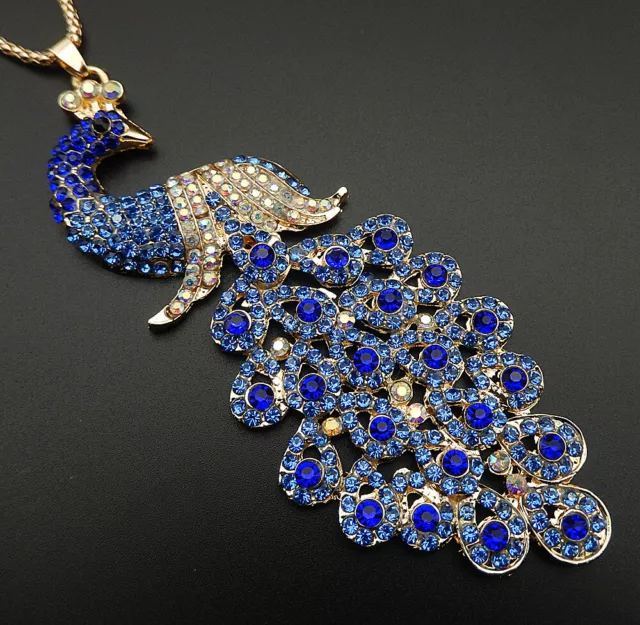 Betsey Johnson Deep Blue Crystal Rhinestone Big Peacock Pendant Long Necklace