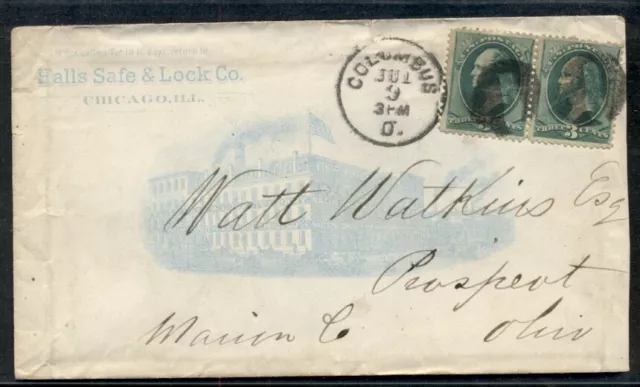1880's, 3¢ pair tied COLUMBUS OH on HALLS SAFE & LOCK CO. advertising cover