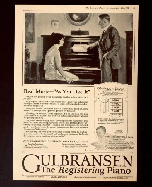 1923 Gulbransen Registering Player Piano Advertisement Music Melody Vtg Print AD