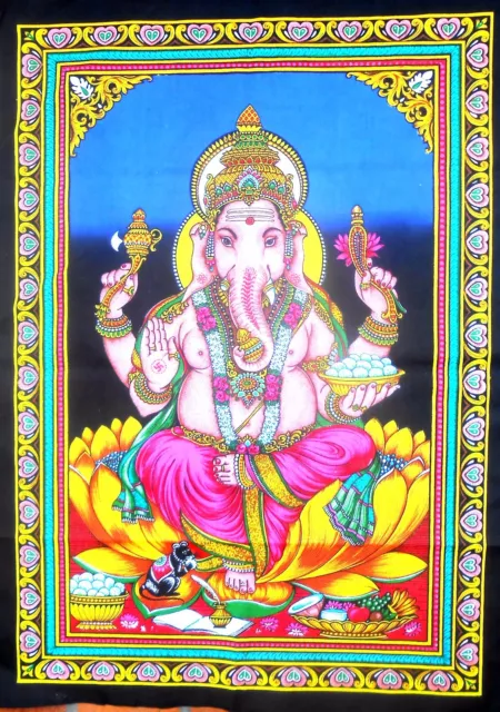 THANGKA Tuch Wandbehang Ganesha GANESH Indien Baumwolle XL 75 x 55 cm BLAU