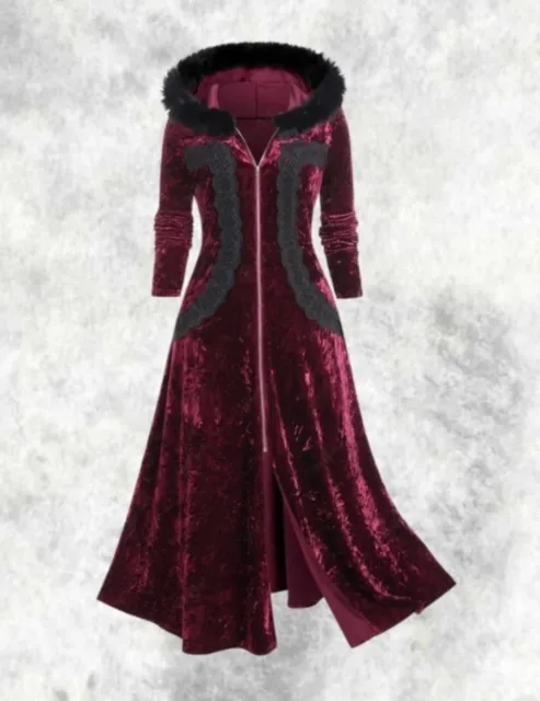 New Wine Red Velvet Gothic Faux Fur Hooded Maxi Coatigan Cardigan size 4XL 24 26