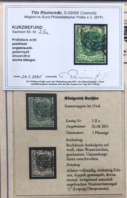 S2-180-1)) Sachsen Mi 2IIa° einwandfrei auf DPA Sammelkärtchen + KB Rismondo BPP