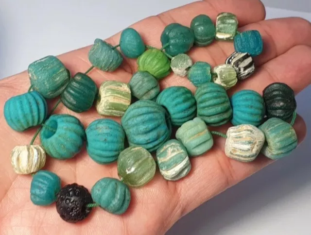 A Beautiful Strand Of 32 Ancient Roman Egyptian Melon Faience & Glass Beads