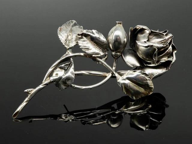 Grande Broche Ancienne Fleur - Argent Massif Creux - Vintage (Bon état)