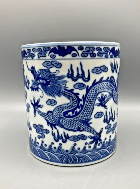 Vintage Chinese blue white porcelain brush holder dragons Jingdezhen