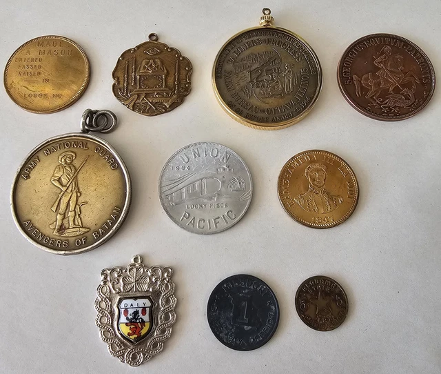 Junk Drawer Lot Of Tokens, Medals, Pendants,Freemasons, Army, Union Pacific, Ect