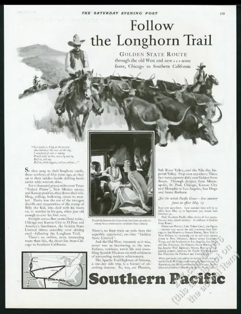 1928 Fred Ludekens cowboy cattle drive herd art Southern Pacific RR print ad