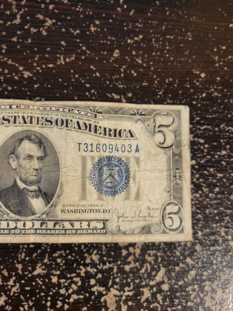 1934 D $5 Dollar Silver Certificate Banknote T31609403A