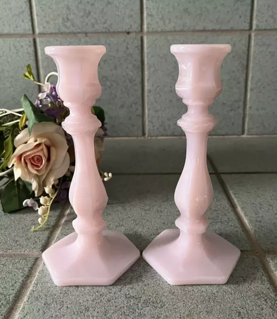 Mosser Glass Candlestick Pair Pink Crown Tuscan Candle Holders