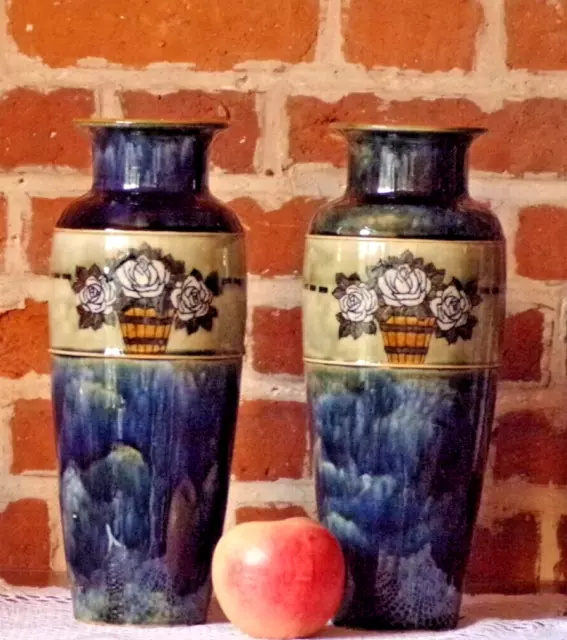 Decorative Pair Royal Doulton Maud Bowden Vases Art Nouveau 32.5 cm Blue Drip