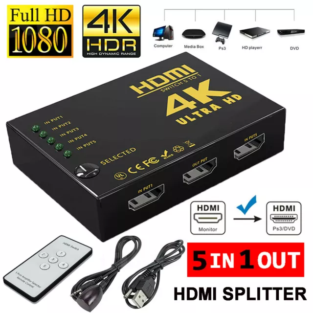 5 Port HDMI Switch Splitter Selector Switcher Hub IR Remote HDTV 4K 5 In 1 Out